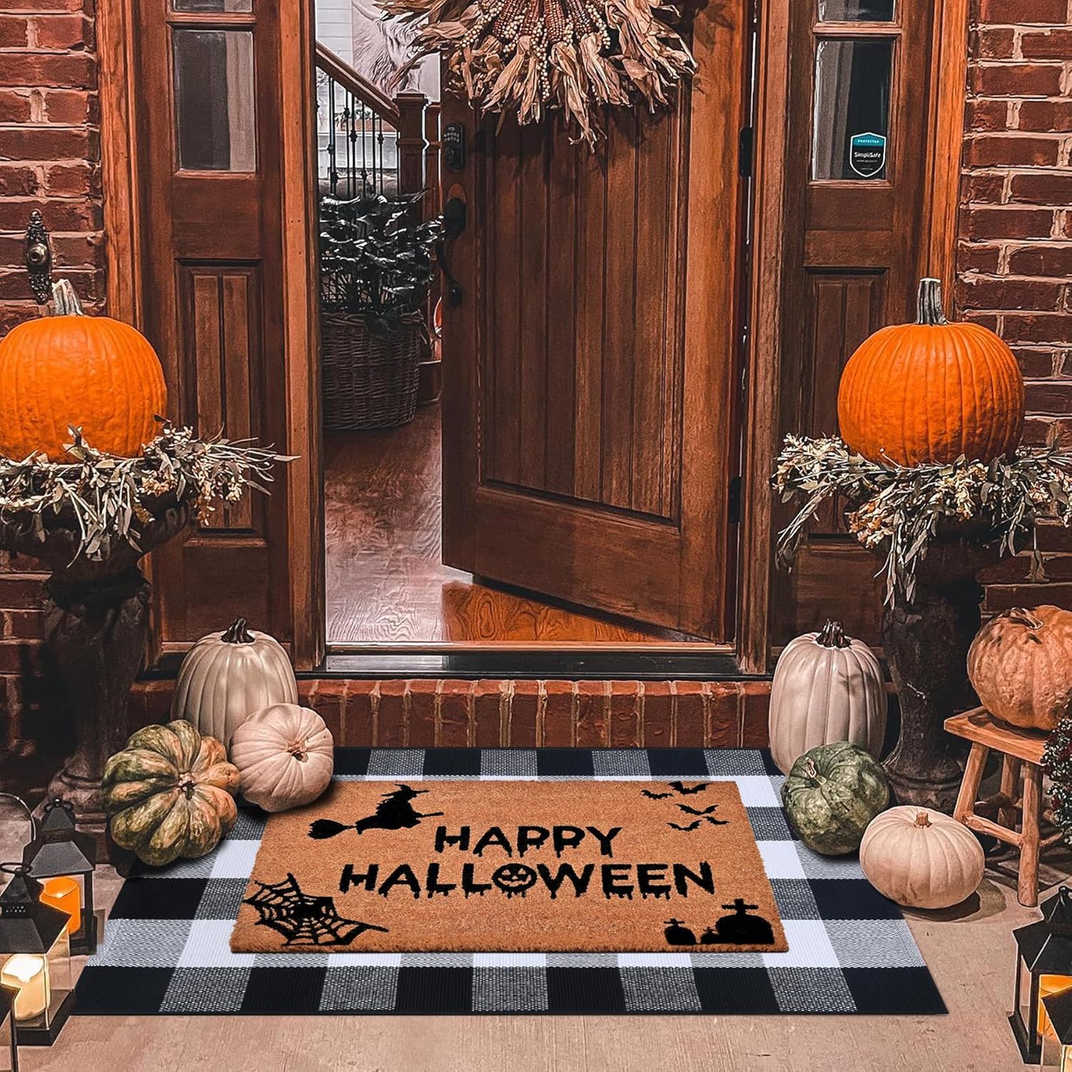 Halloween Decor Doormat Combo Set with Plaid Rug