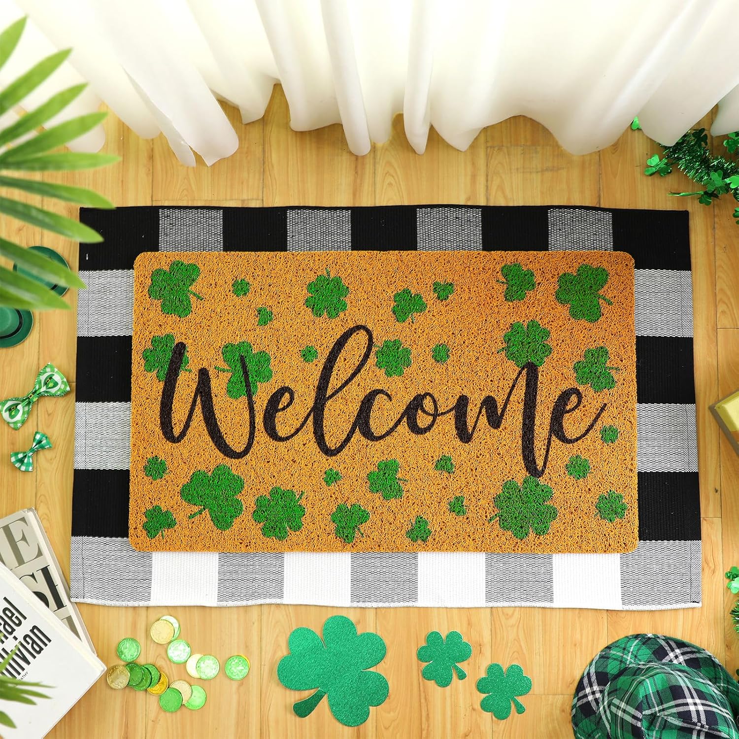 Fabbay 2 Pcs Fall Welcome Mat Buffalo Plaid Rug for Front Door