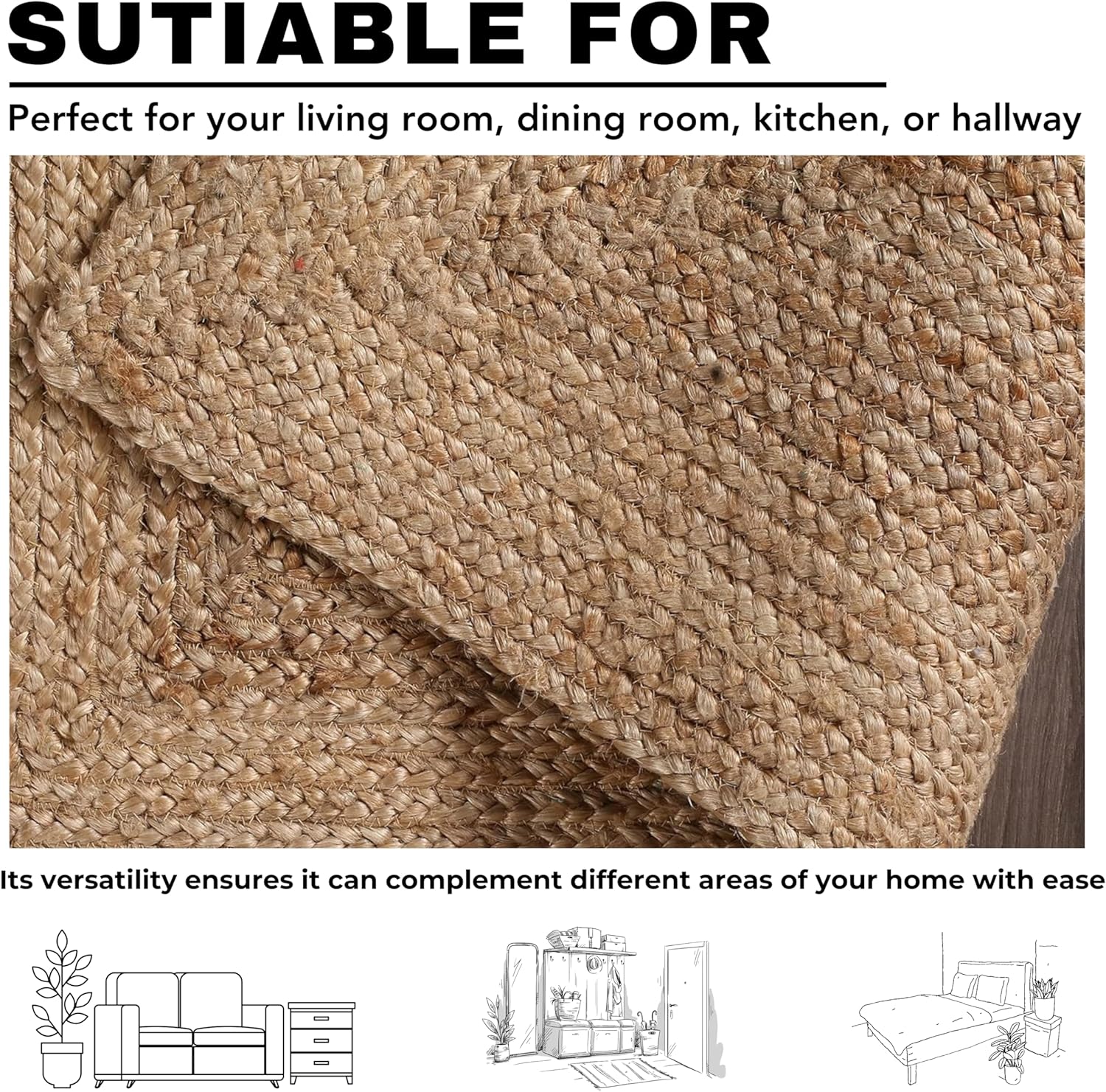 Jute Rug - Handwoven Natural Braided Reversible Rug for Living Room Kitchen Entryway Farmhouse Rustic Decor 24x36 Inch