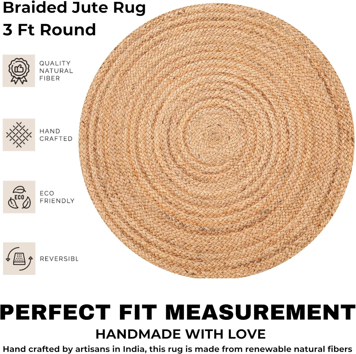 Bedding Craft 3 Ft Round Jute Area Rug Natural Yarn Handwoven