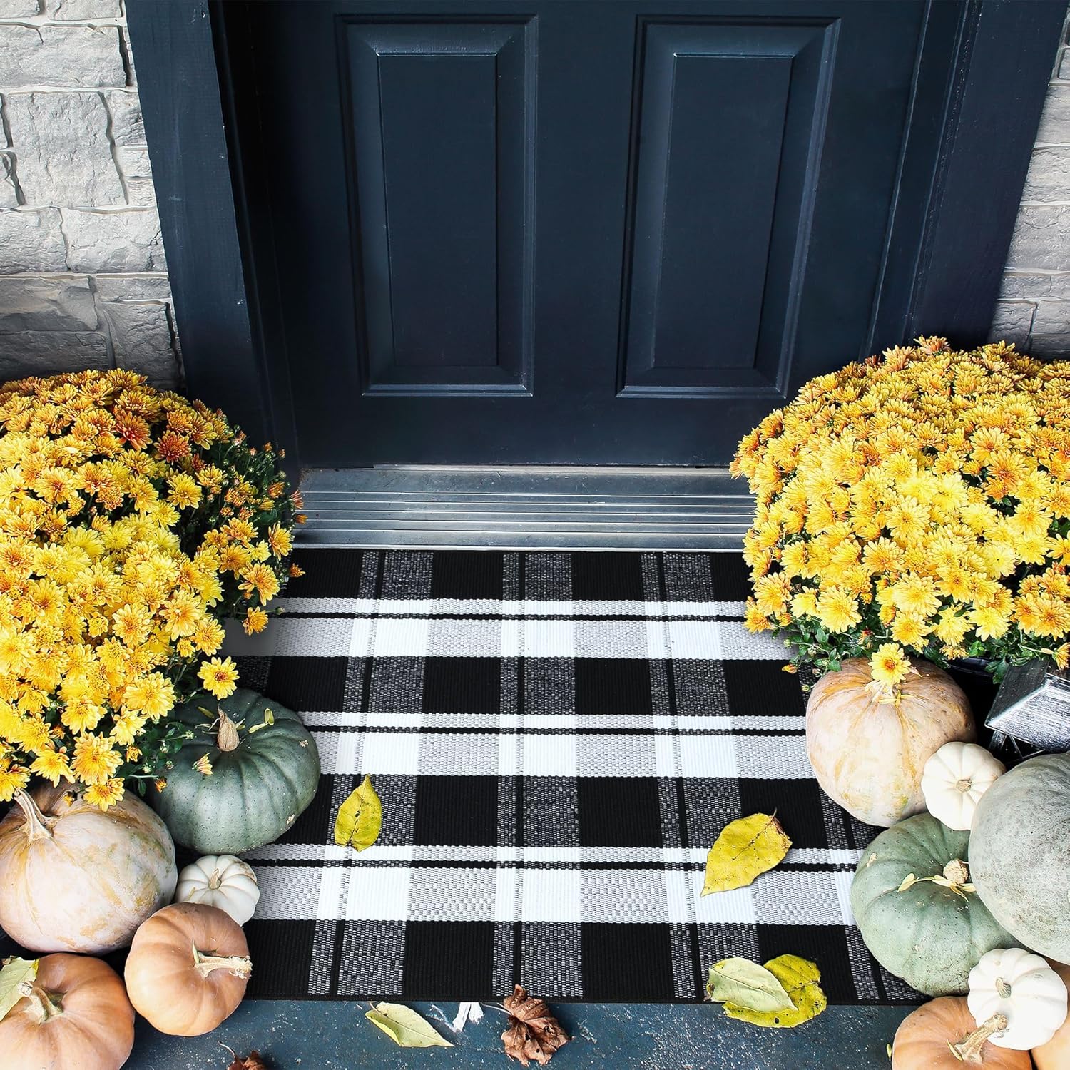 Ompaa Black and White Plaid Checkered Area Rug 236x354 Hand-Woven Cotton Buffalo Doormat for Indoor Outdoor Use