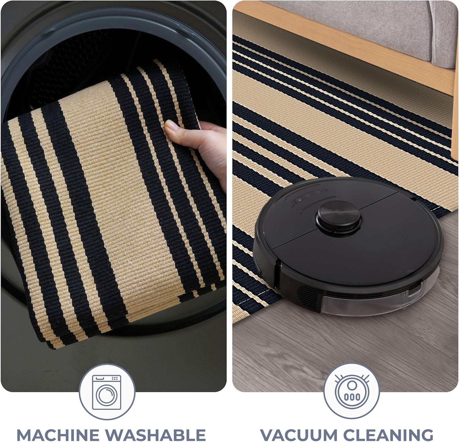 KOZYFLY Striped Front Door Mat 2x3 Ft Brown Black Cotton Washable Indoor Outdoor Rug