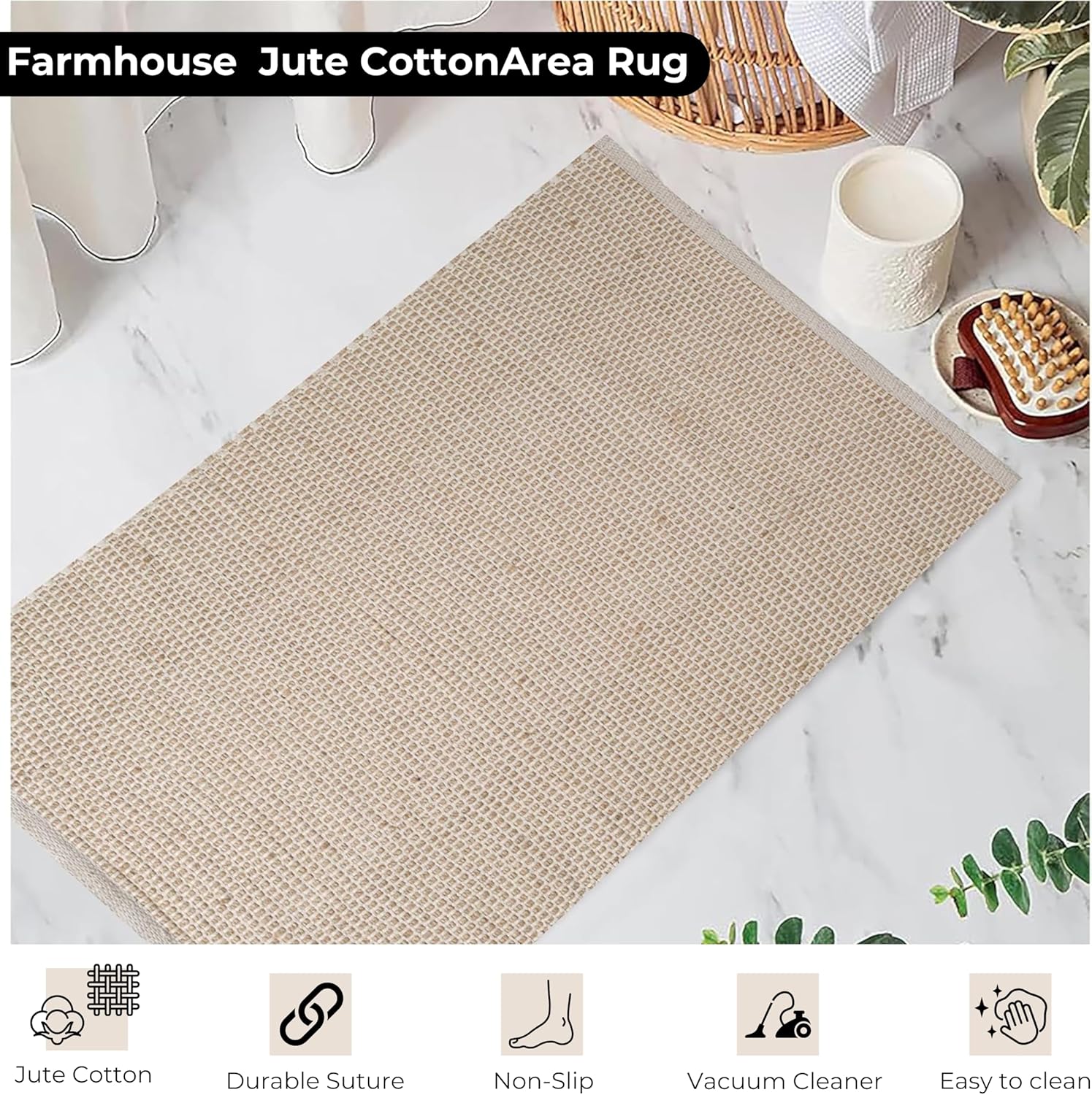 Bedding Craft Jute Cotton Area Rug 24x36 Inch Natural Machine Washable