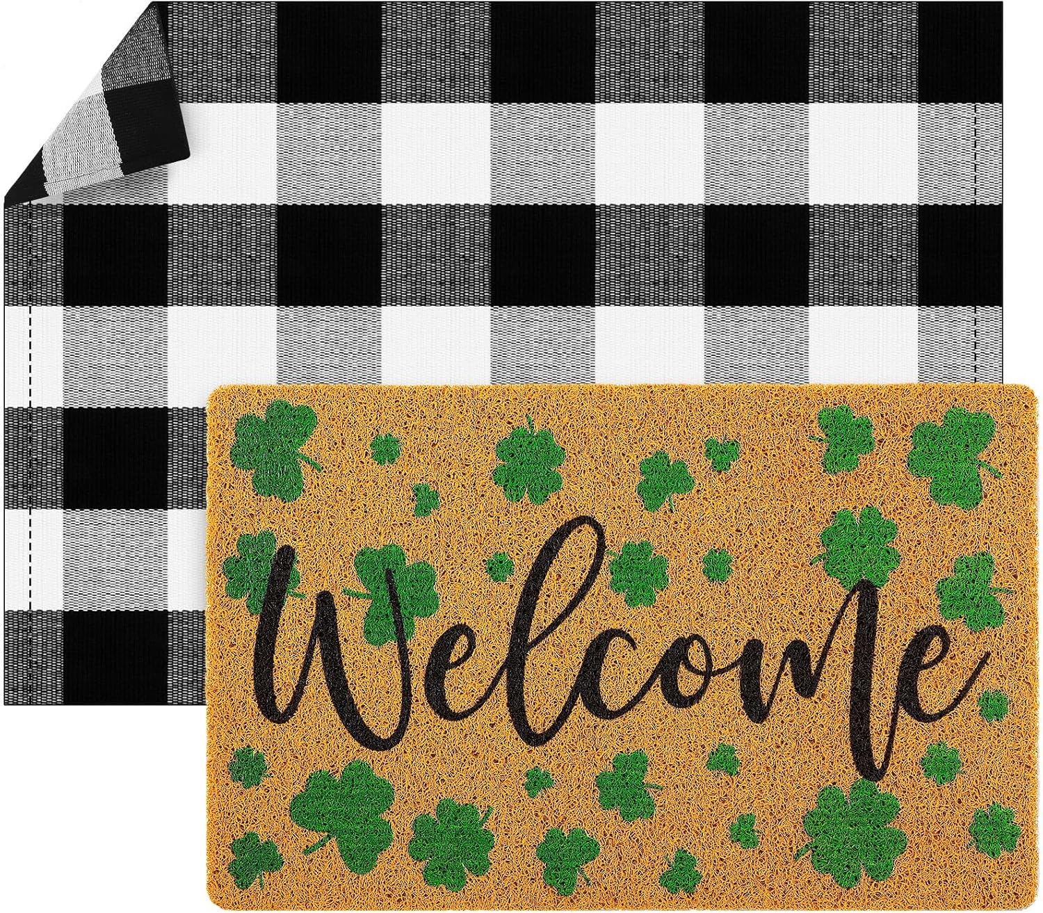 Fabbay 2 Pcs Fall Welcome Mat Buffalo Plaid Rug for Front Door