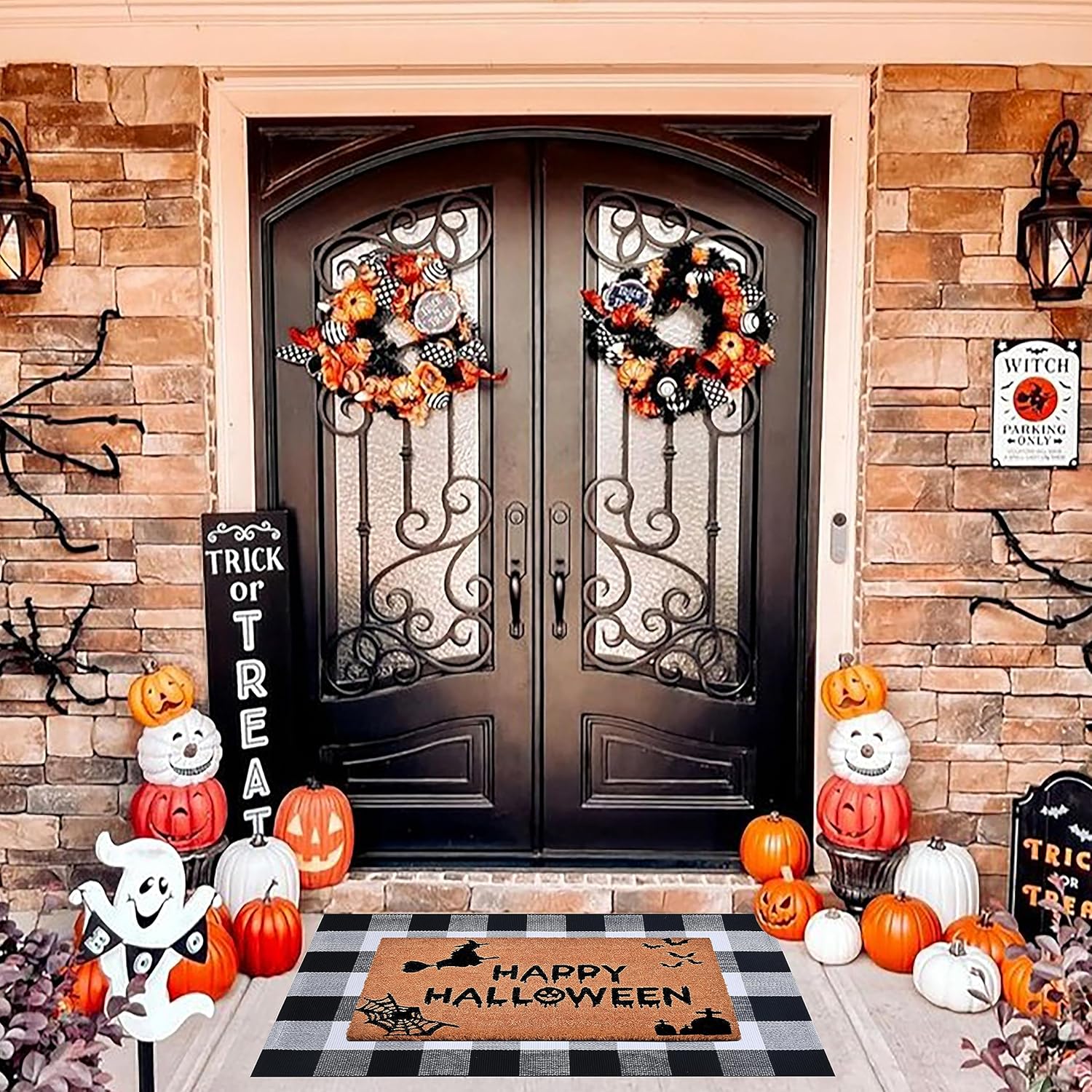 Halloween Decor Doormat Combo Set with Plaid Rug