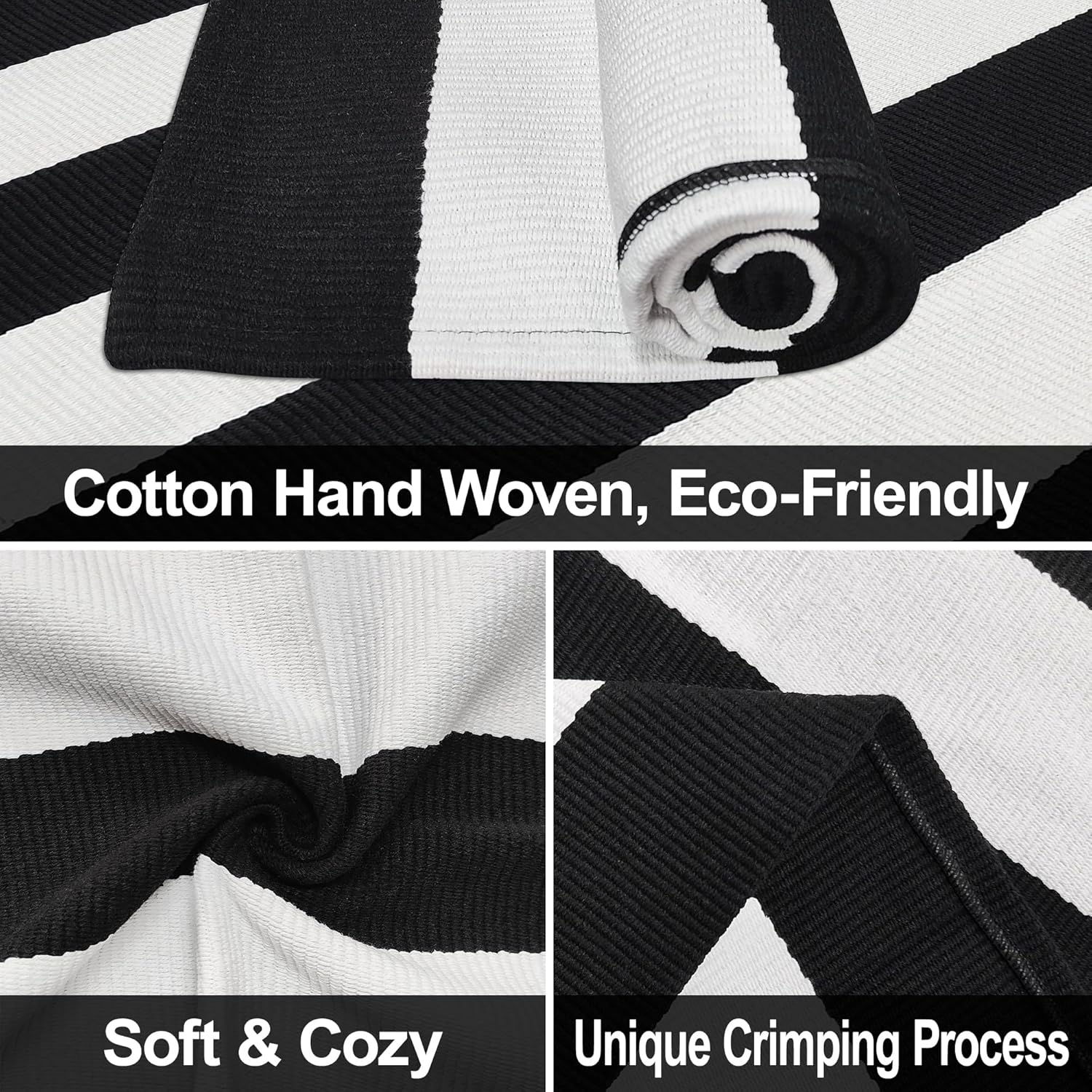 Black and White Striped Outdoor Rug 2x3 Cotton Woven