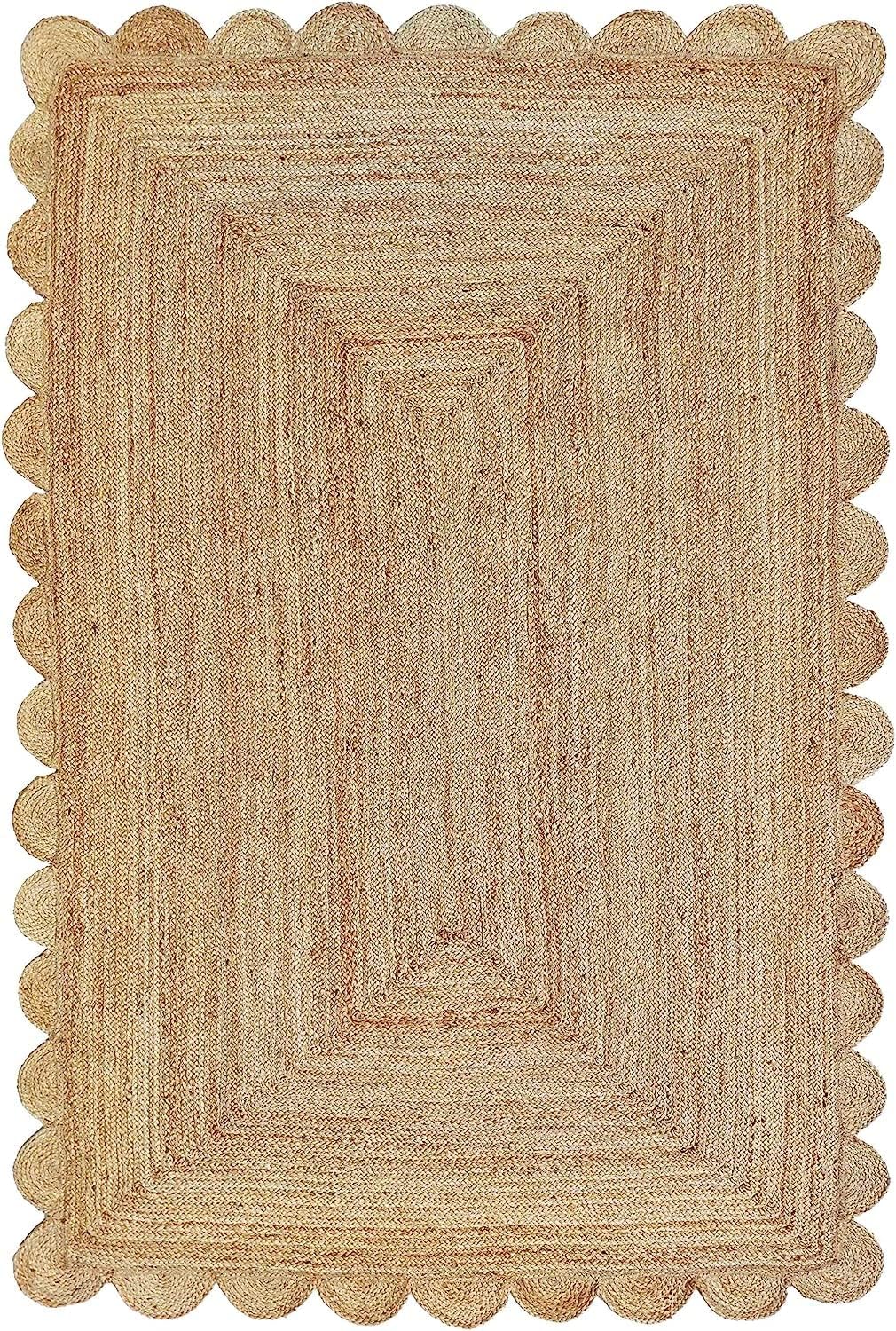 Jute Area Rug 2 x 3 Scalloped Pattern Natural