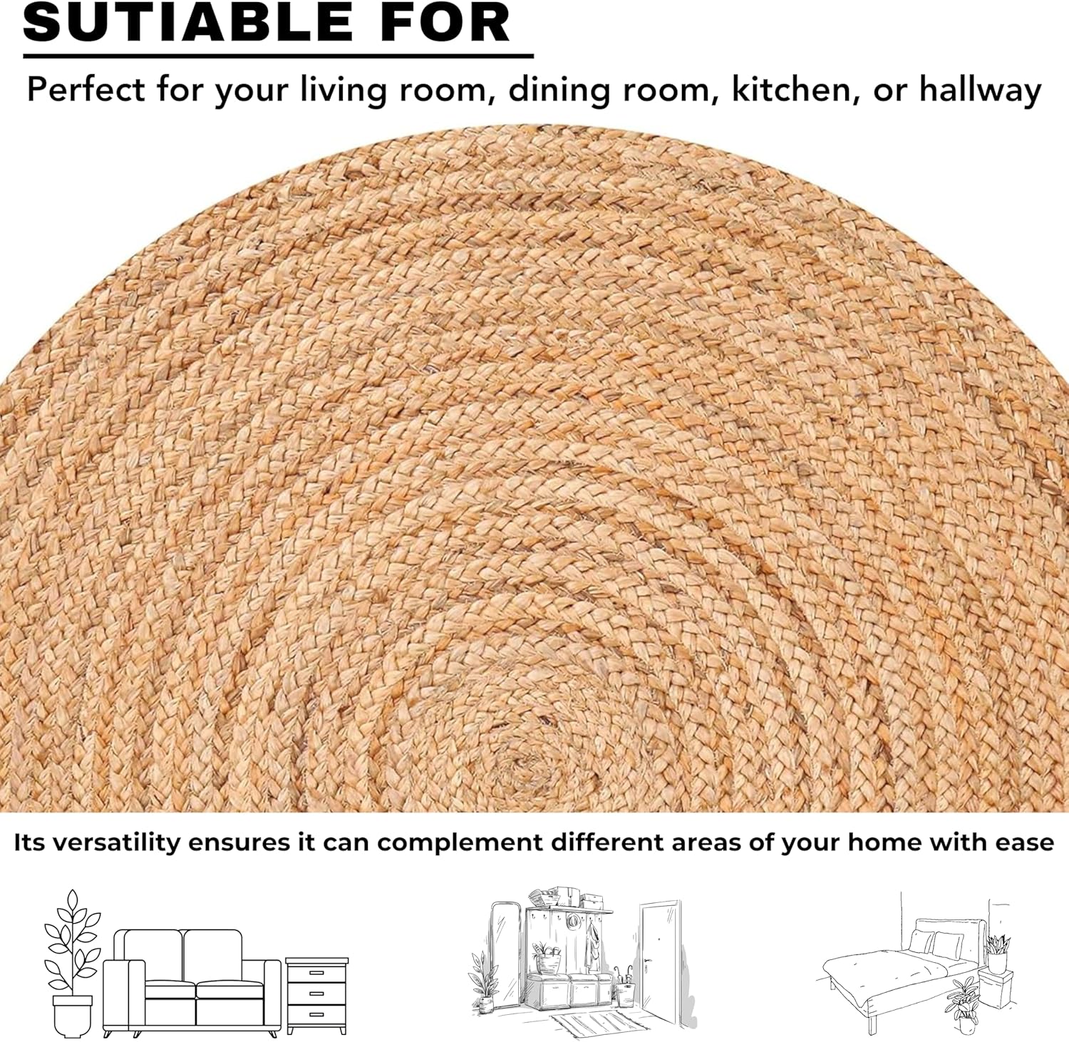 Bedding Craft 3 Ft Round Jute Area Rug Natural Yarn Handwoven