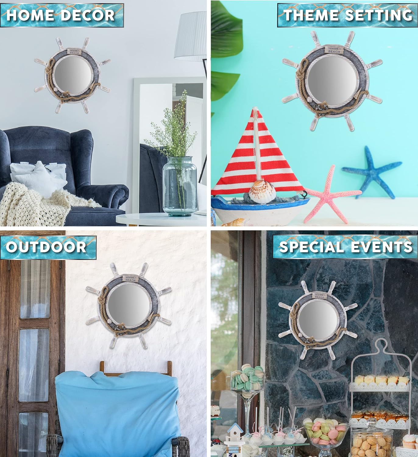 CoTa Global Silver Sea Ship Wheel Mirror Wall Decor
