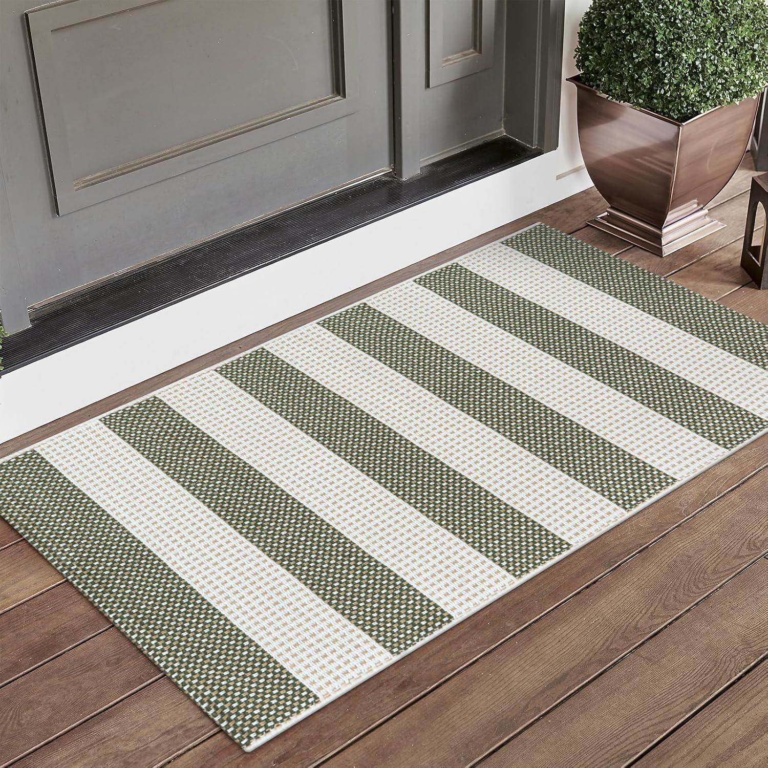 LEEVAN Door Mat Outdoor Front Porch Rug Green White