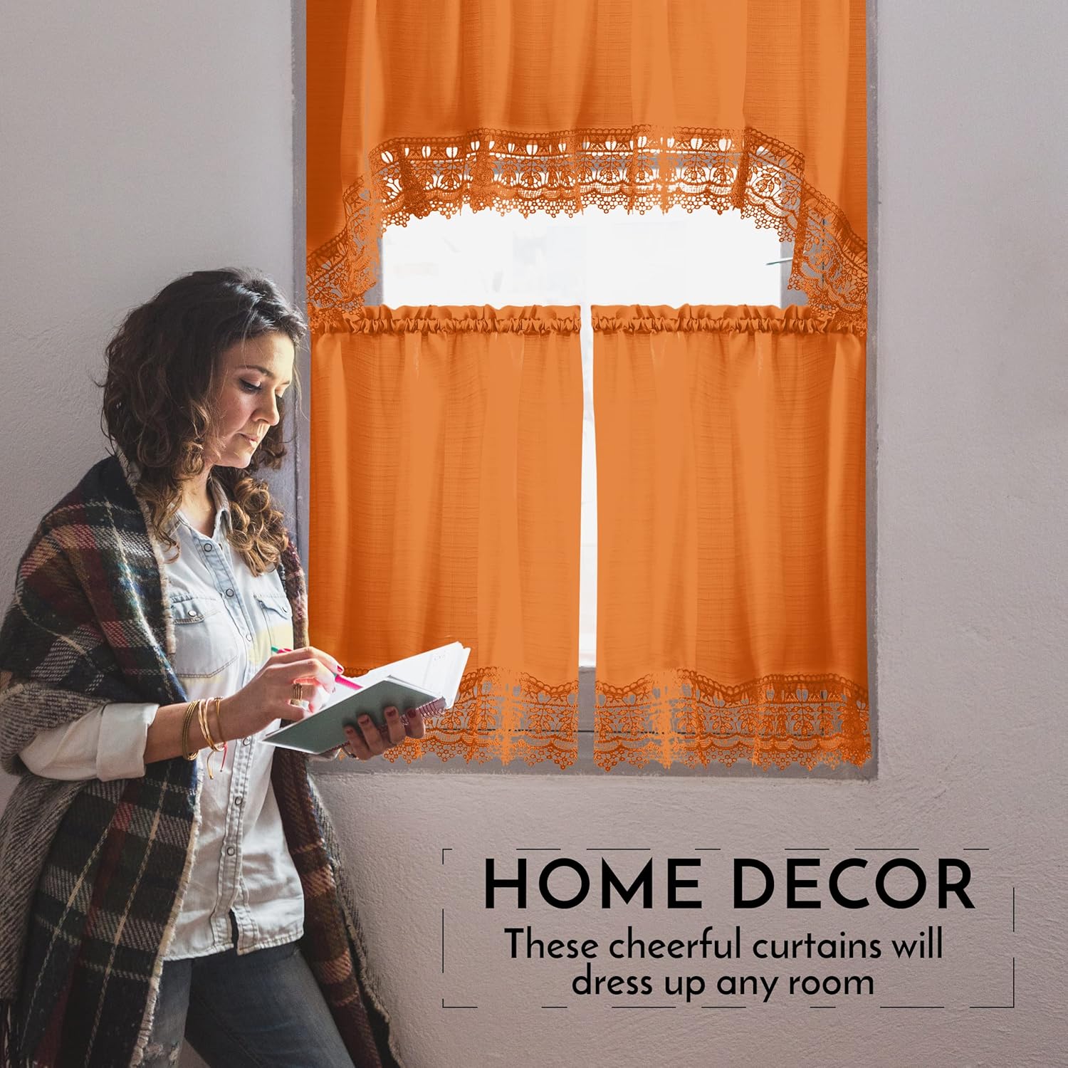 American Linen Caf Curtains with Valance and Embroidered Lace Border Orange