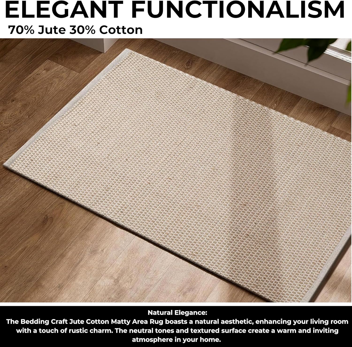 Bedding Craft Jute Cotton Area Rug 24x36 Inch Natural Machine Washable