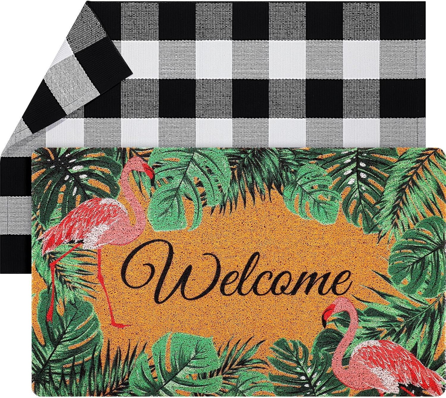 Geelin 2 Pcs Flamingo Door Mat Buffalo Plaid Rug Set