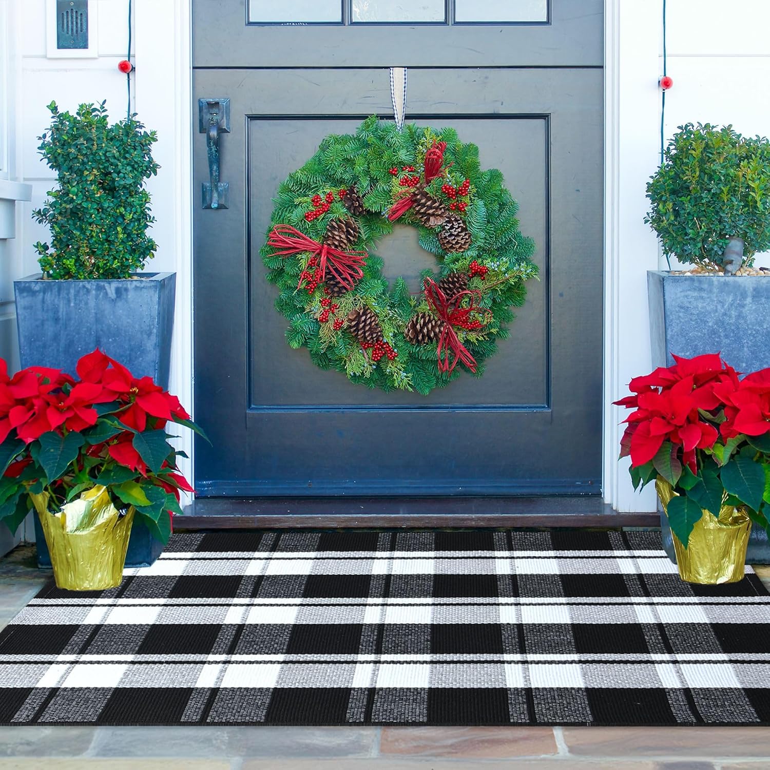 Ompaa Black and White Plaid Checkered Area Rug 236x354 Hand-Woven Cotton Buffalo Doormat for Indoor Outdoor Use