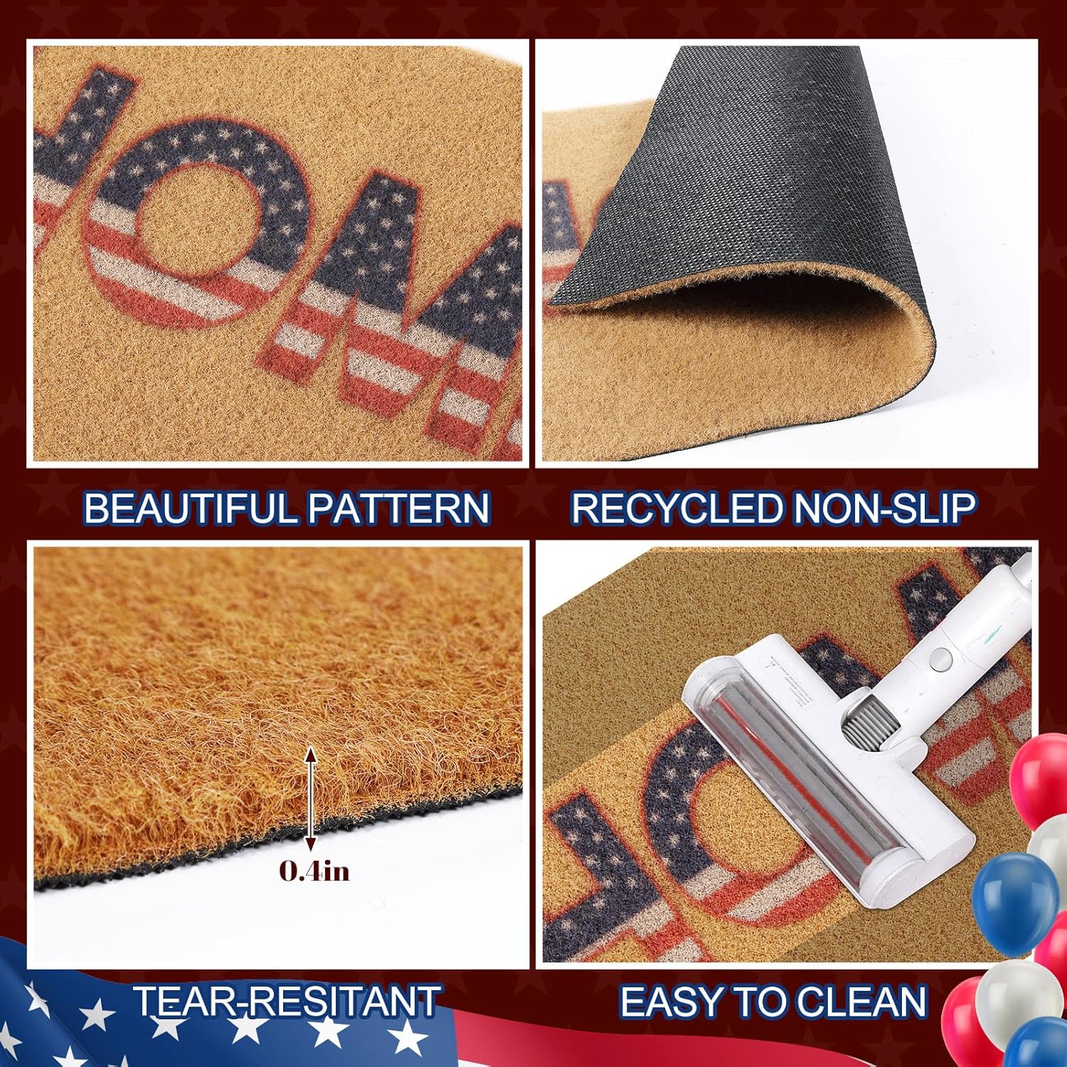 2 Pcs 4th of July Door Mat Set Patriotic Rug and Coir Welcome Mat for Front Porch Entrance
