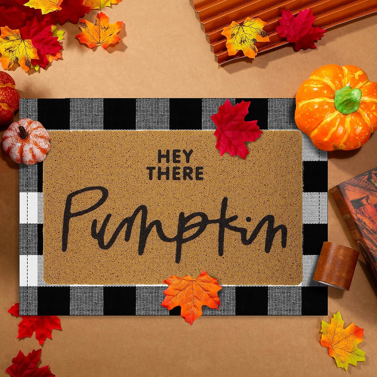 Fabbay 2 Pcs Fall Welcome Mat Halloween Decor Doormat Buffalo Plaid Rug for Front Door Porch Entryway