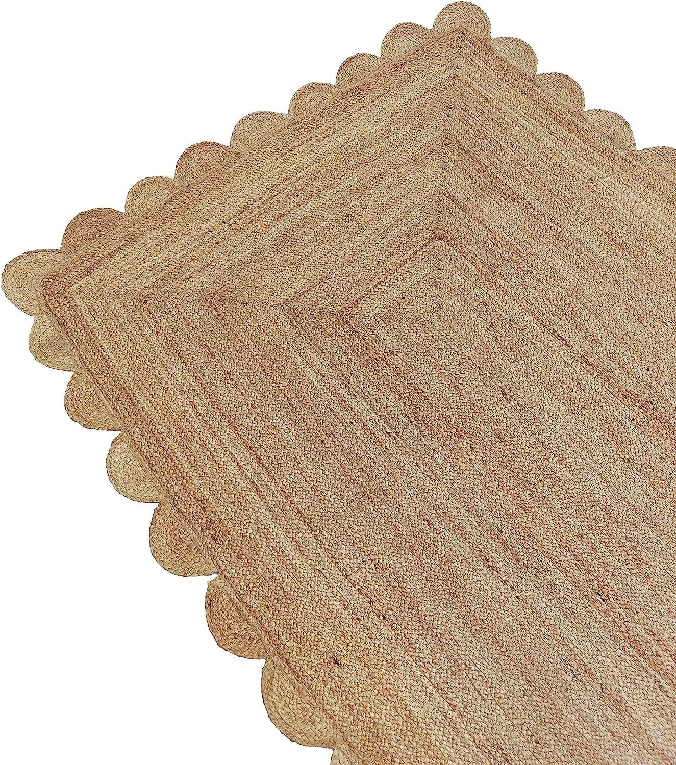 Jute Area Rug 2 x 3 Scalloped Pattern Natural