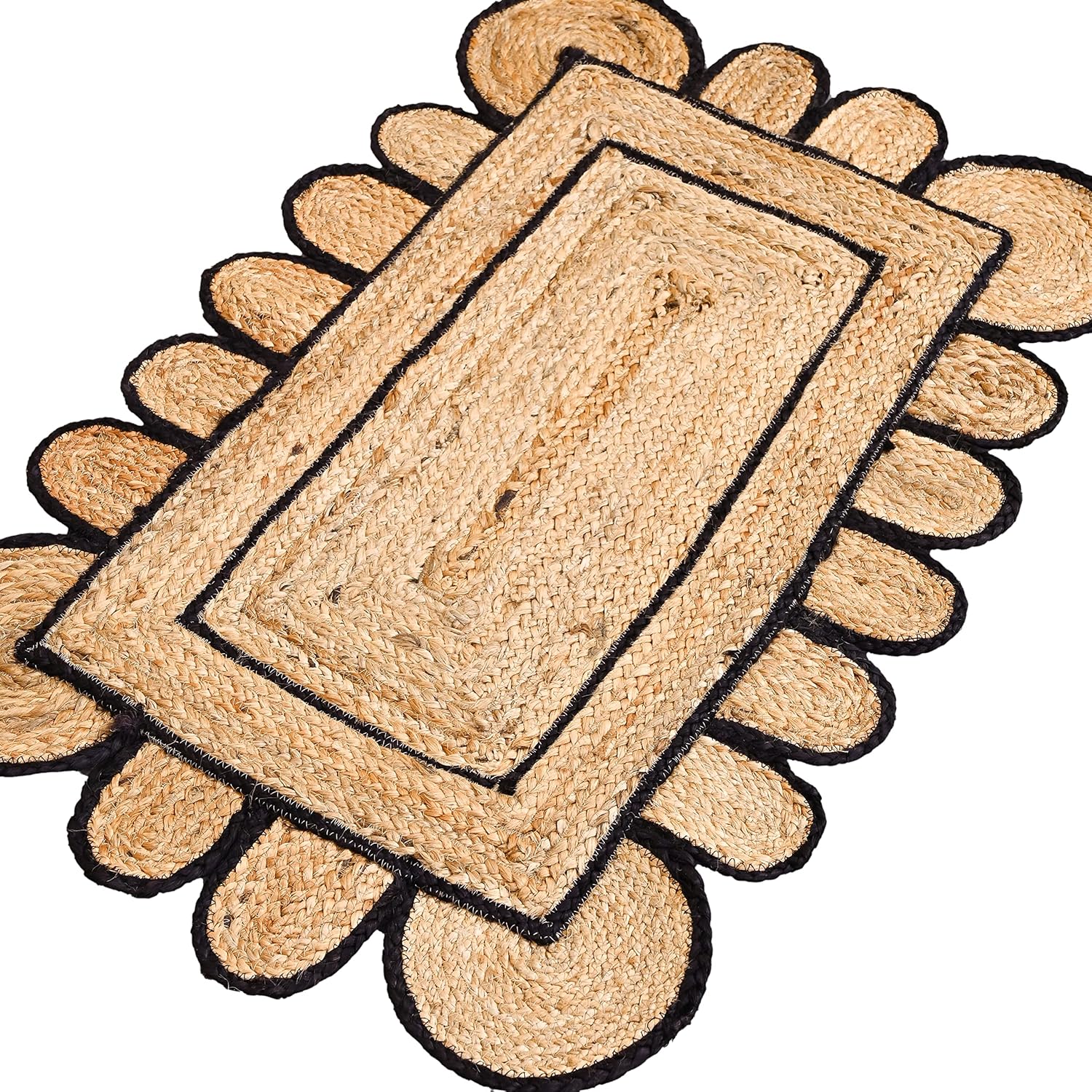 KLAVATE Scalloped Jute Area Rug Black 2x3 Feet