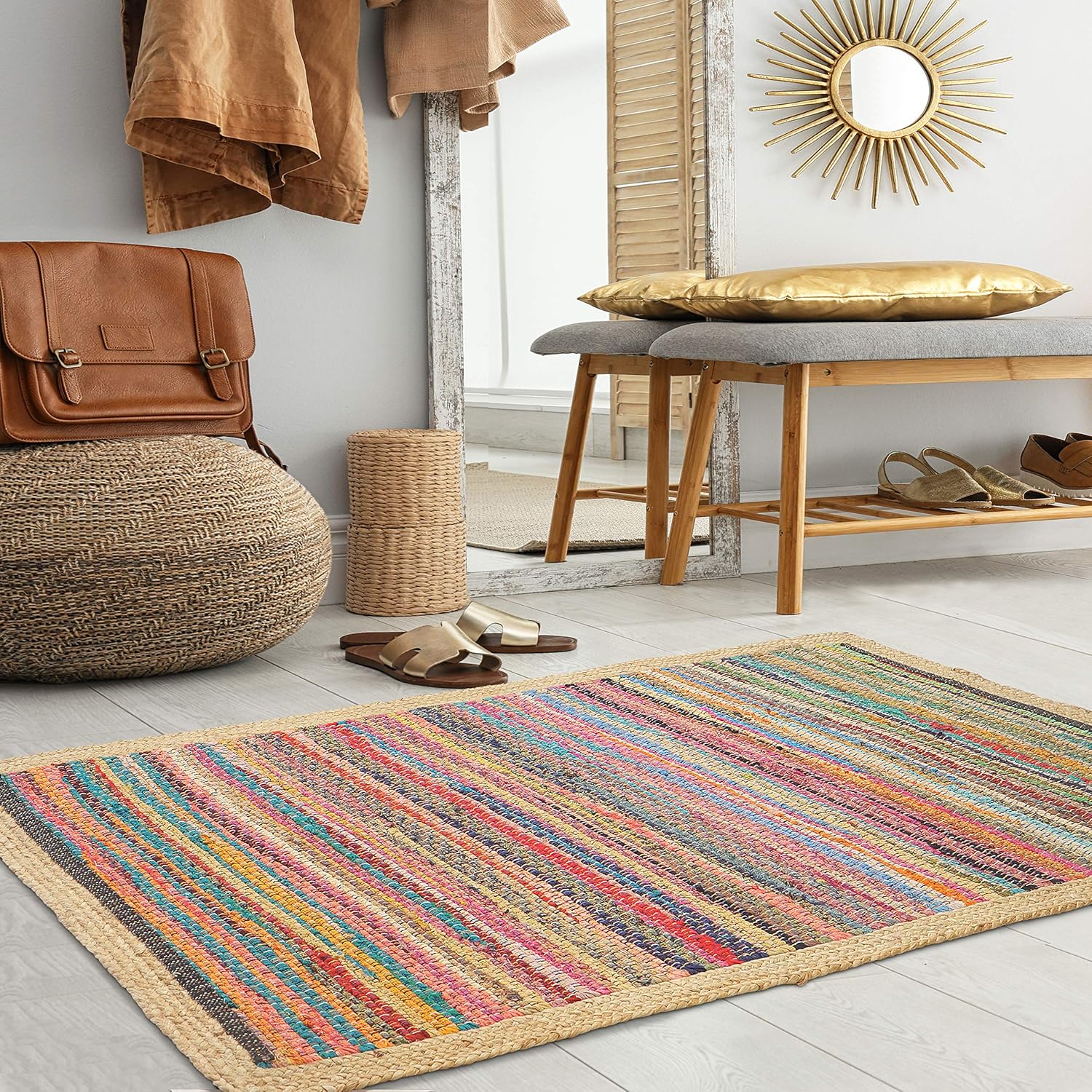 Multicolored Geometric Jute Bordered Accent Rug 2x3