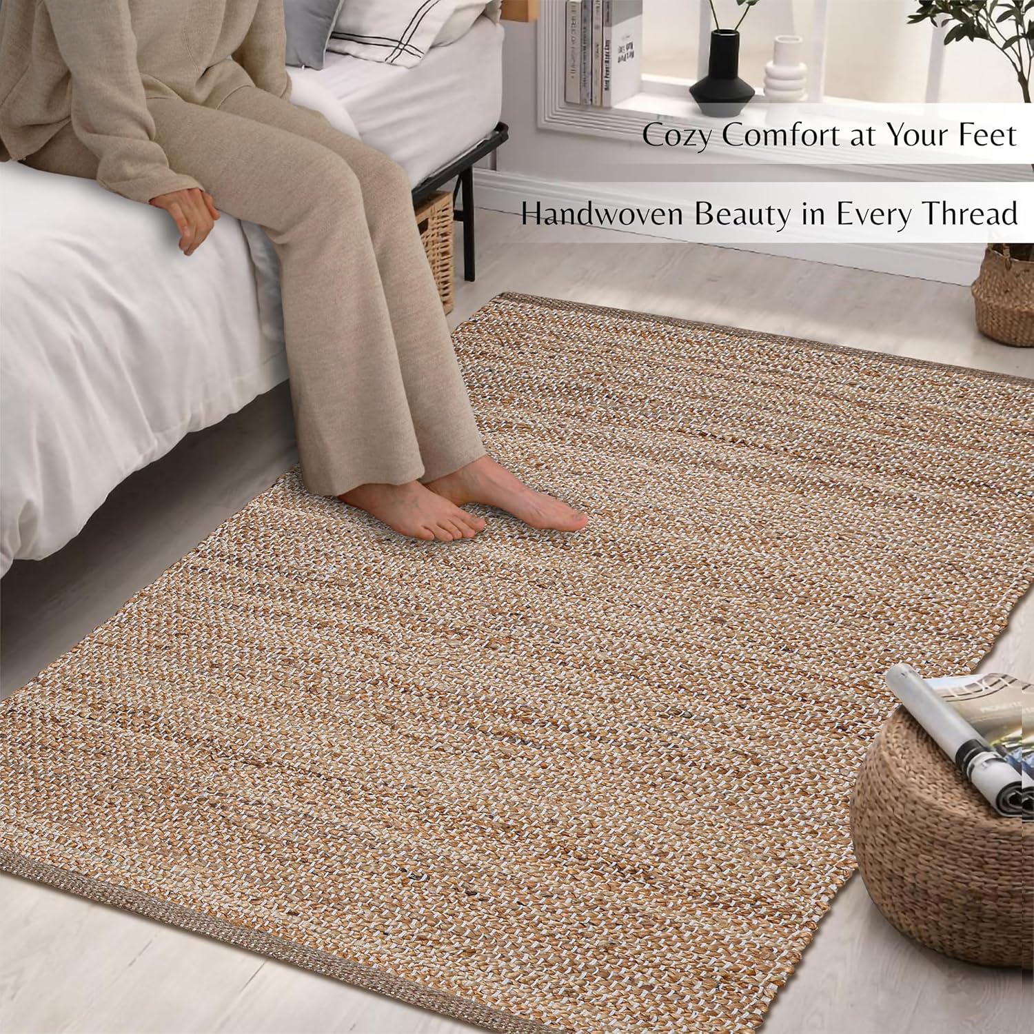 Hausattire Jute Woven Area Rug 3x5 - Natural Hand Braided Boho Rug for Living Room and Kitchen