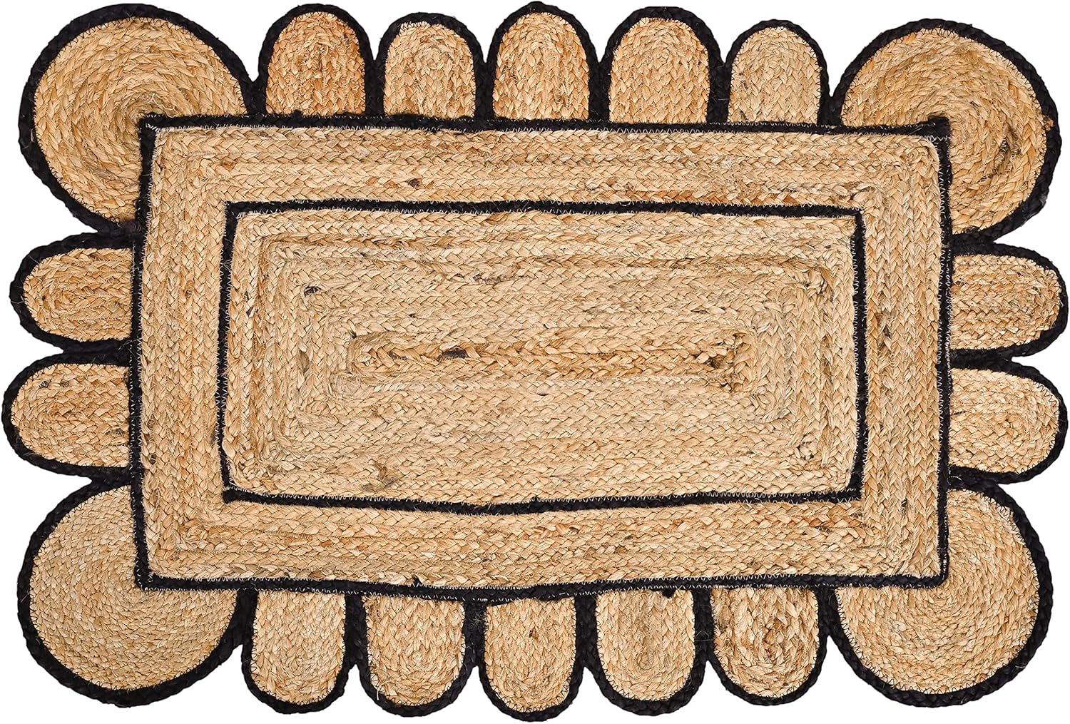 KLAVATE Scalloped Jute Area Rug Black 2x3 Feet